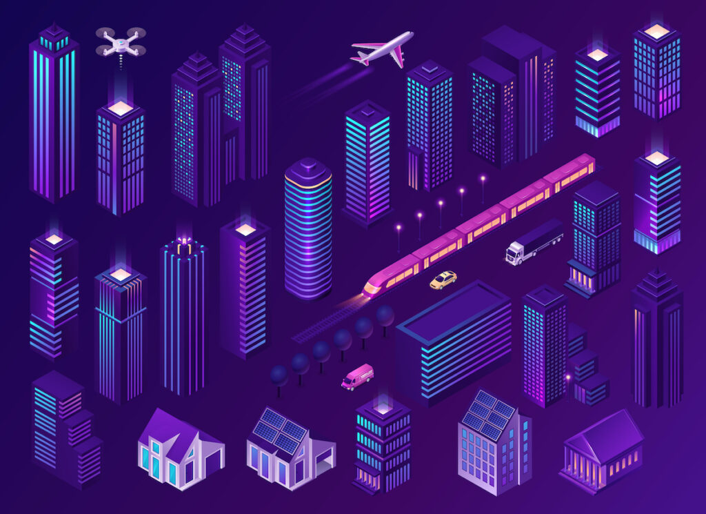 Thành phố thông minh với các tòa nhà, công nghệ và giao thông hiện đại. Vector hình minh họa isometric về cơ sở hạ tầng đô thị với các tòa nhà chọc trời, nhà ở và cao ốc văn phòng, ô tô, xe lửa và máy bay